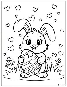 Happy Bunny Coloring Page with Egg and Floating Hearts