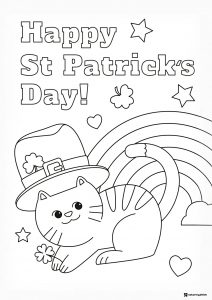 Happy Cat St. Patricks Day Coloring Page with Rainbow