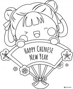 Happy Chinese New Year Fan Coloring Page with Smiling Girl