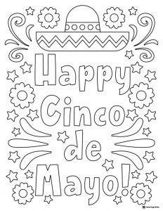Happy Cinco de Mayo Coloring Page with Sombrero and Flowers
