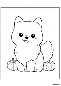 Happy Dog Coloring Page with Pumpkins and Fluffy Tail