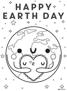 Happy Earth Day Coloring Page with Earth Hugging a Heart