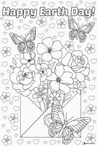 Happy Earth Day Coloring Page with Flowers Hearts and Butterflies