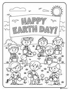 Happy Earth Day Coloring Page with Kids Planting Flowers