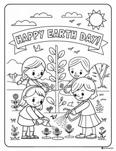Happy Earth Day Coloring Page with Kids Watering Plants