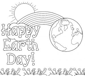 Happy Earth Day Coloring Page with Rainbow and Sun Details