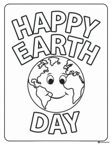 Happy Earth Day Coloring Page with Smiling Earth Character