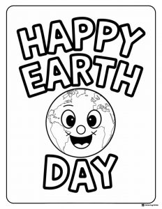 Happy Earth Day Coloring Page with Smiling Globe Face