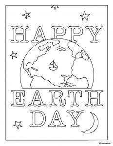Happy Earth Day Coloring Page with Stars and a Crescent Moon