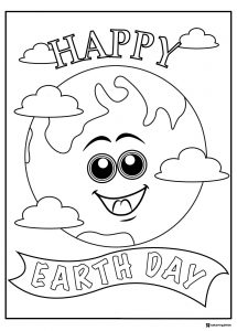 Happy Earth Day Coloring Sheet with Earth and Cute Clouds