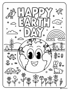 Happy Earth Day Coloring Sheet with Smiling Earth and Wildlife