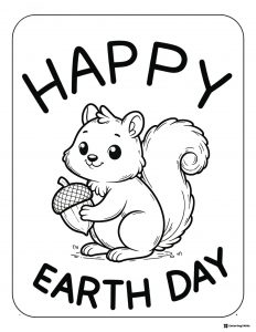 Happy Earth Day Squirrel Coloring Page with Acorn and Text