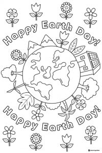 Happy Earth Day Wreath Coloring Page with Flowers and Leaves