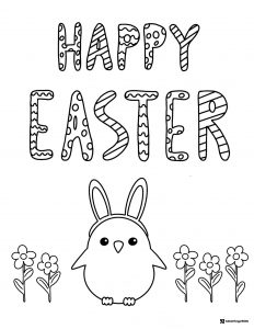 Happy Easter Bird Coloring Sheet with Flowers and Lettering