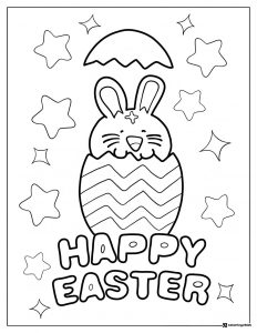 Happy Easter Bunny Coloring Page in Cracked Egg with Stars
