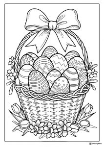 Happy Easter Bunny Coloring Page with Basket of Eggs