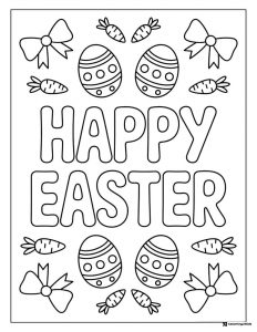 Happy Easter Coloring Page with Eggs Carrots and Bows