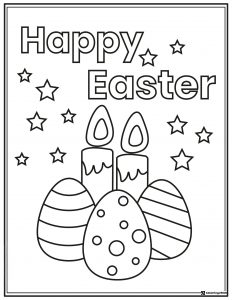 Happy Easter Coloring Page with Stars and Patterned Eggs