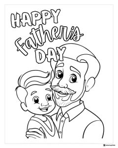 Happy Fathers Day Coloring Page with Dad and Son Hugging