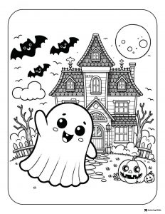 Happy Ghost Coloring Page with Haunted House and Bats