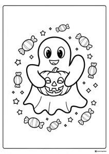 Happy Ghost Coloring Page with Pumpkin Surrounded by Candy