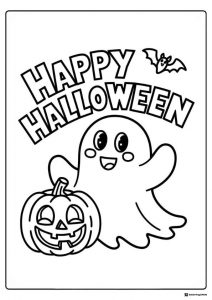 Happy Ghost and Pumpkin Coloring Page with Smiling Bat