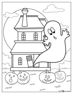 Happy Ghost in Front of Haunted House Coloring Page