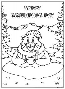 Happy Groundhog Day Coloring Page with Mug and Mountains