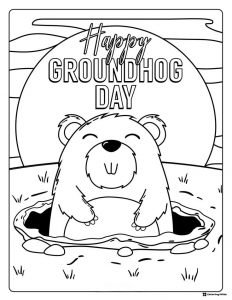 Happy Groundhog Day Coloring Page with Smiling Groundhog