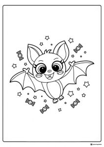 Happy Halloween Bat Coloring Page with Candy and Stars