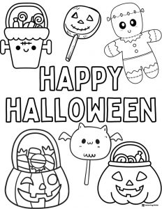 Happy Halloween Coloring Page with Candy Buckets and Lollipops