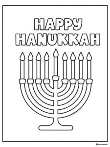 Happy Hanukkah Menorah Coloring Page with Bold Text Design