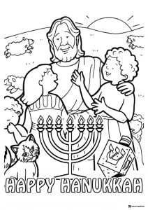 Happy Hanukkah Page with Menorah Children and Dreidel