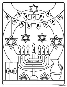 Happy Hanukkah Table Coloring Sheet with Menorah and Gifts