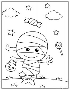 Happy Mummy Coloring Page with Candy and Trick or Treat Bag
