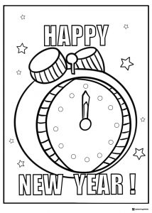 Happy New Year Clock Coloring Page with Midnight Countdown