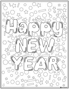 Happy New Year Coloring Page with Geometric Confetti Design