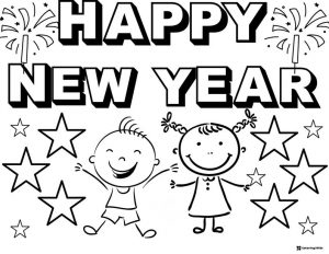 Happy New Year Coloring Page with Smiling Kids and Fireworks
