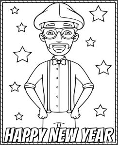 Happy New Year Man Coloring Page with Stars and Suspenders