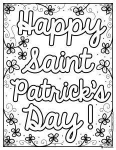 Happy St. Patricks Day Lettering Coloring Page with Floral Border