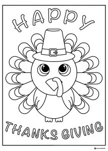 Happy Thanksgiving Coloring Page with Big Eyed Turkey and Hat