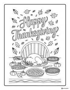 Happy Thanksgiving Dinner Coloring Page with Table Feast