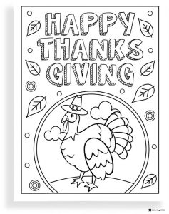 Happy Thanksgiving Turkey Coloring Page with Falling Leaves