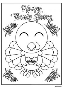 Happy Thanksgiving Turkey Coloring Page with Pie and Leaves
