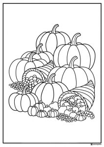 Harvest Cornucopia Coloring Page with Large Stacked Pumpkins
