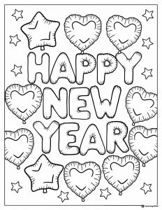 Heart and Star Balloons Happy New Year Coloring Page