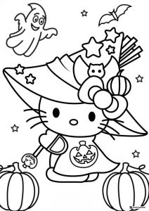 Hello Kitty Witch Coloring Page with Pumpkins and Ghost