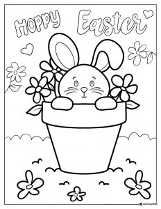 Hoppy Easter Bunny Coloring Page in Flower Pot with Blooms