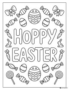 Hoppy Easter Coloring Page with Eggs Candy and Carrots