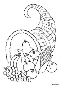 Horn of Plenty Coloring Page with Fruits Corn and Pumpkin